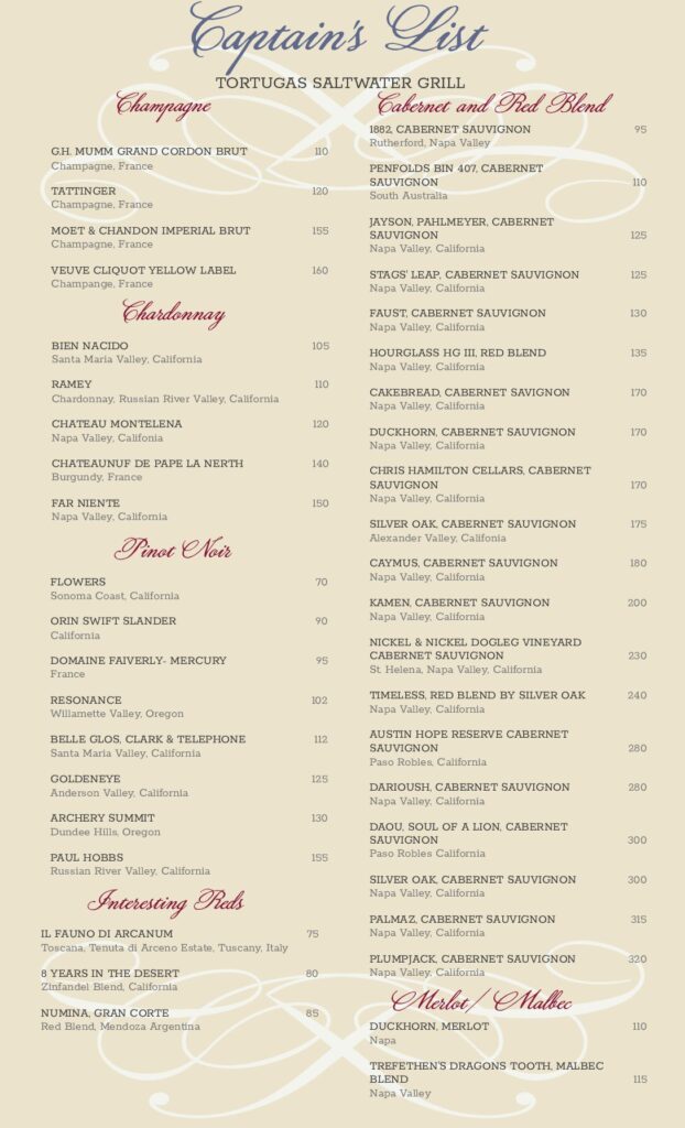 List of premium wine available by the bottle at Tortugas in Port Aransas, Texas